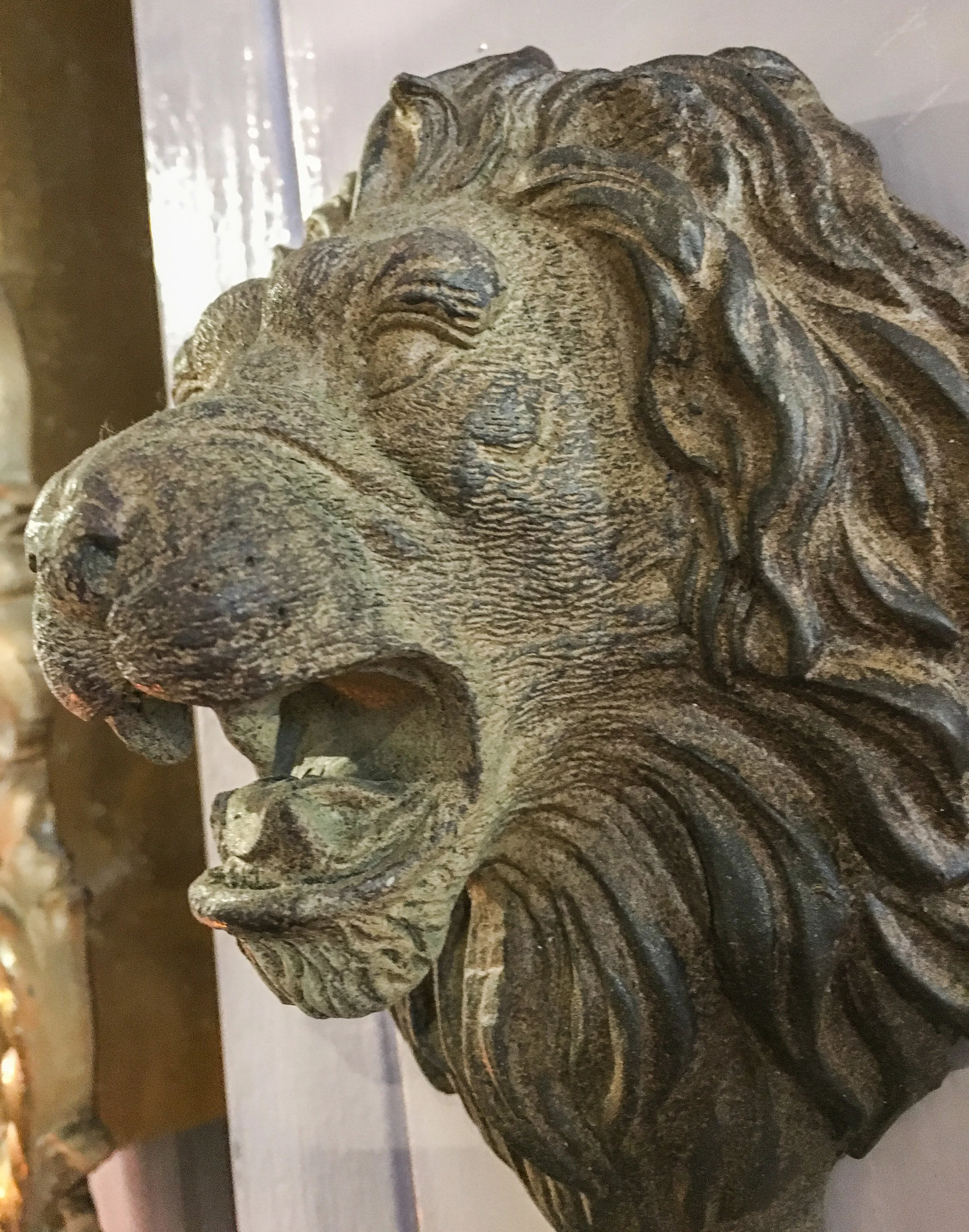 A lion head wall hook in a bronzed finish